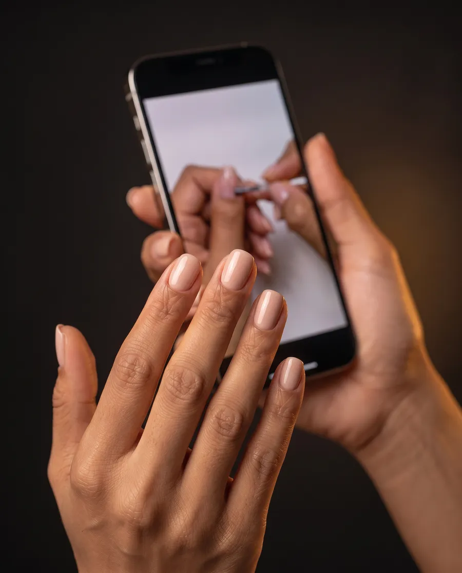 Mão com unhas feitas segurando celular com aula de manicure na tela